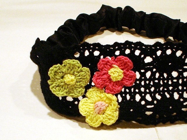 Crochet Lace Headband Black Pink Lime Lemon Yellow Flower Bridal Wedding Headpiece