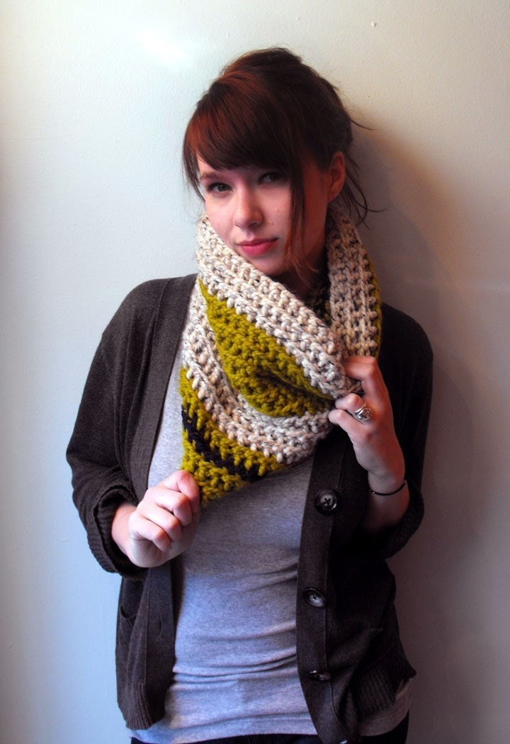 Olive Green and Oatmeal white Cowl Scarf