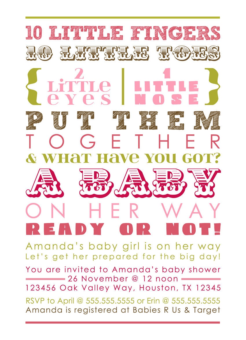 Baby Girl Shower Invitation - pink green brown words, girl, girly (Printable Digital File)