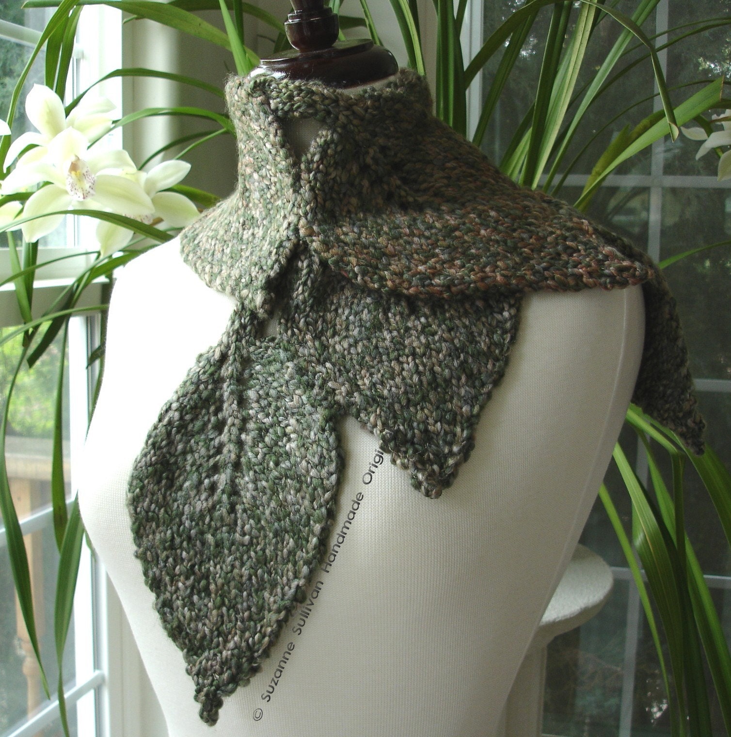Leaf Scarf, hand knitted, Multi greens