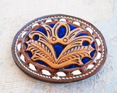 vintage Belt Buckle - Western Tooled Leather and Blue Velvet Belt Buckle
