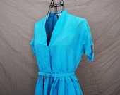 vintage 50s Dress - Cocktail Dress - Blue Silk Shirt Dress Sz S M