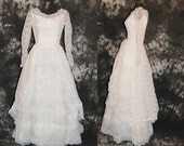 vintage 50s Wedding Dress - White Lace Illusion Princess Full Length Bridal Wedding Ball Gown Sz XS