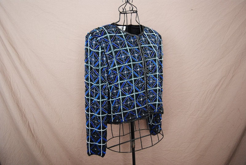 vintage Beaded Blazer - 80s Silver, Black and Blue Silk Jacket Sz M L XL