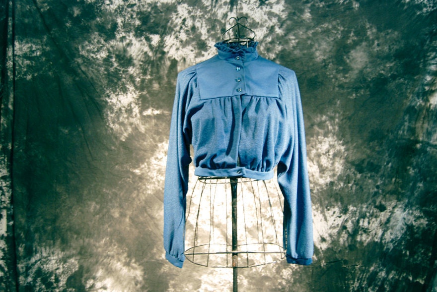 vintage Cropped Jacket - 70s Blue Victorian Bolero Jacket Sz S M