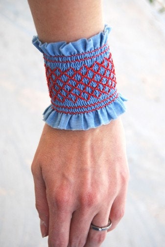 Fabric Cuff Bracelet - Custom Made Embroidered Fabric Cuff in the Blues
