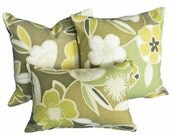 Green Floral Decorative Throw Pillow, Large Mod Flowers, Designer Cushion Cover, Green Yellow Cream, Accent Pillow, 12x18 Lumbar