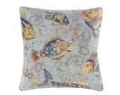 Rustic Blue Pillows, Cabin, Cottage or Fishing Lodge Cushion Covers, Fish, Blue and Yellow Couch Pillow Cover, Fisherman Gift, 18x18
