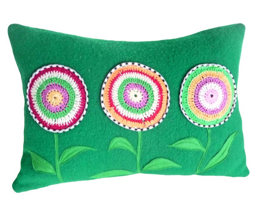 Eco Friendly Green Throw Pillow, Appliqued Crocheted Flower Floral Accent Pillow, Repurposed Wool Blanket, Country Cottage Decor 14x20