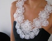 Tulle Rosette Bib Statement Ribbon Necklace with Crystals and Pearls - CLEARANCE SALE ITEM