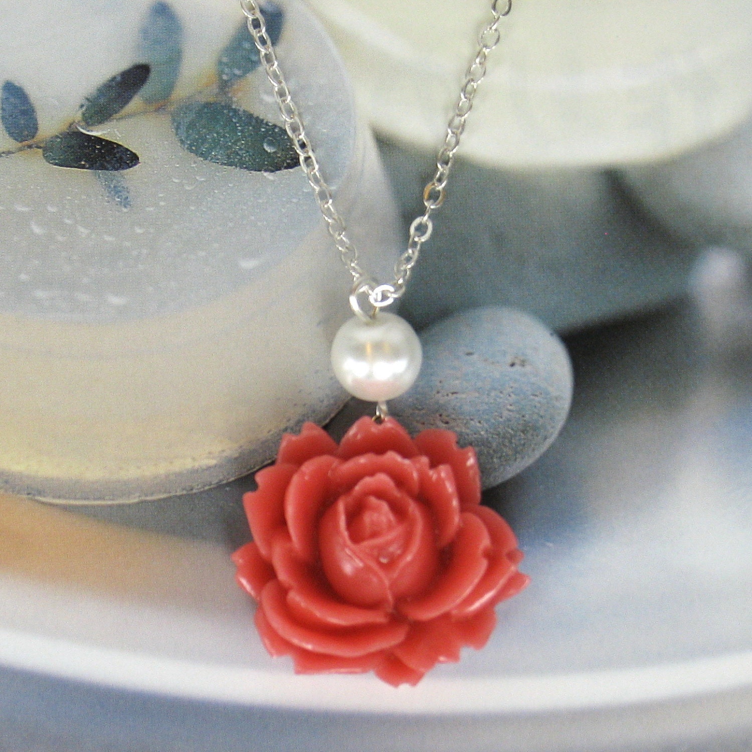 Coral red rose necklace, bridesmaids neclace, wedding jewelry WN-G12