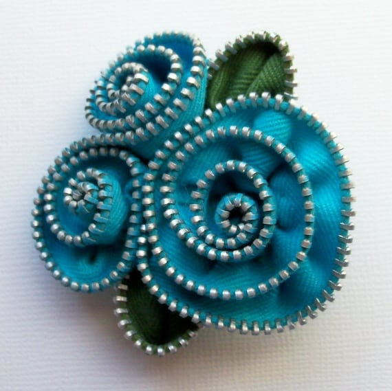 Turquoise Spiral Floral Brooch / Zipper Pin by ZipPinning 2151