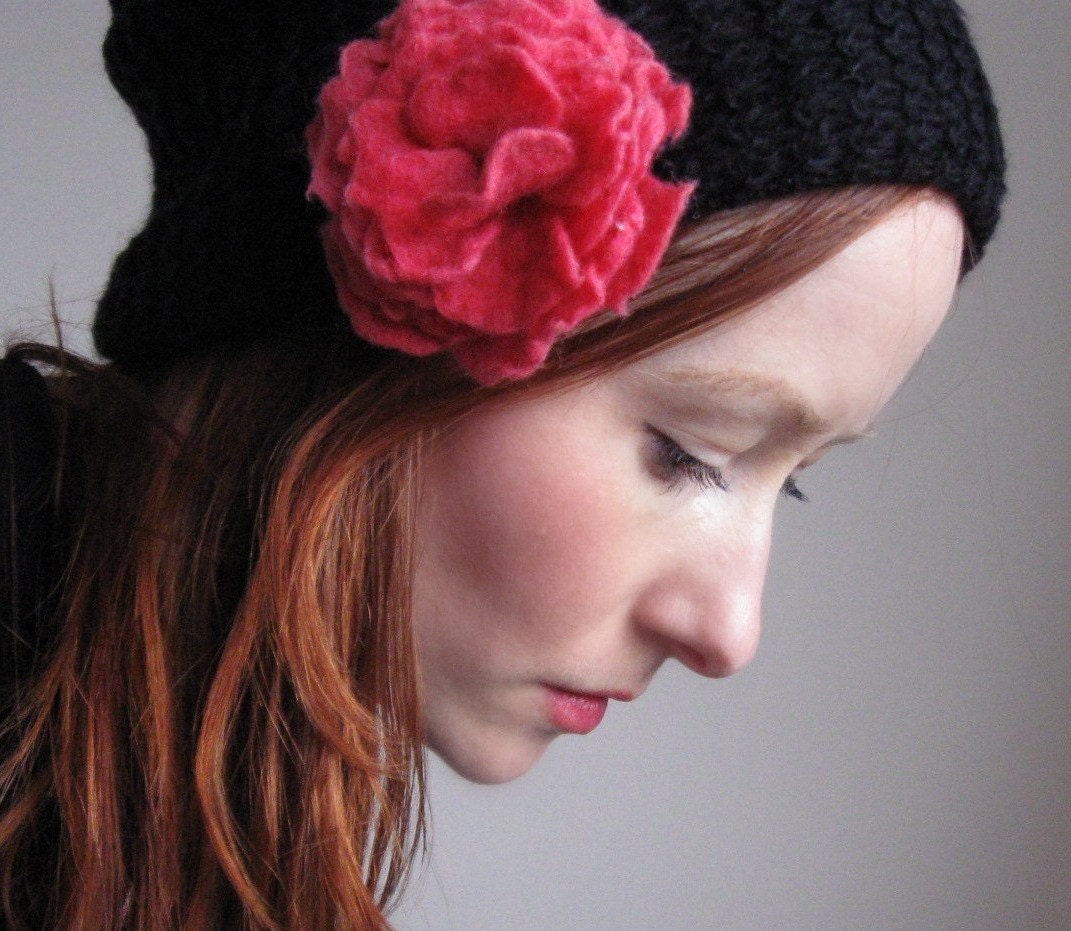 Black Oversized Beanie Hat With Pink Flower