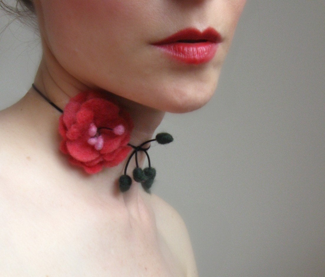 Where Flowers Bloom-Pink Felt Flower Necklace Hand felted From Wool