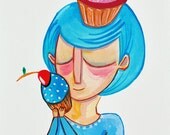 Blue portait print cupcake A4 size