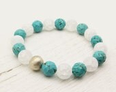 Crystal Turquoise Silver Bracelet / Turquoise & Matte Crystal Quartz Bracelet / ocean inspired / sky blue robins egg blue pastel clear white - byjodi