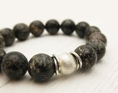 Brown & Silver Bead Bracelet / Natural Hypersthene with Sterling Silver / metallic bronze rustic stone rock rare