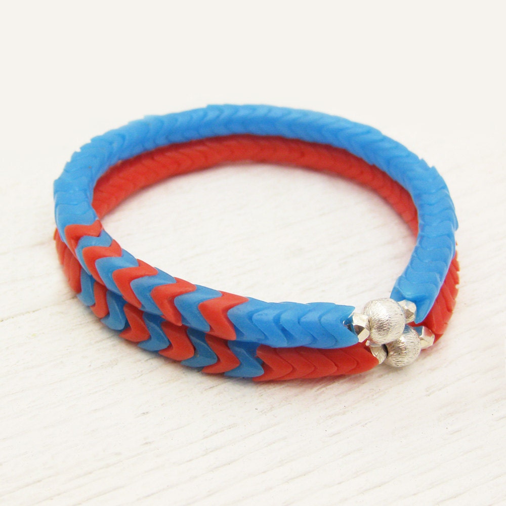 Chevron African Trade Bead Bracelet Set with Sterling Silver / Vintage Glass Beads / bright blue orange colorful tribal fresh hipster neon