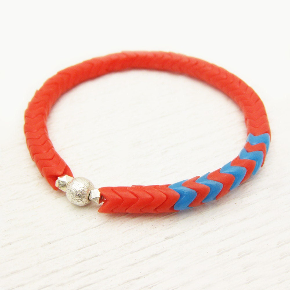 Orange Chevron Vintage African Trade Bead Bracelet with Sterling Silver / bright blue orange colorful tribal fresh hipster neon bohemian