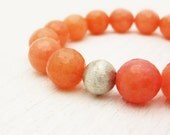 Peach Jade Bead Bracelet & Sterling Silver / coral orange citrus fruit color / bright colorful juicy / bohemian preppy  / goes with white