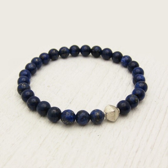Lapis Lazuli Starry Night Bracelet with Brushed Sterling Silver / navy blue gold / nautical sky star sea inspired / diamond silver focal be