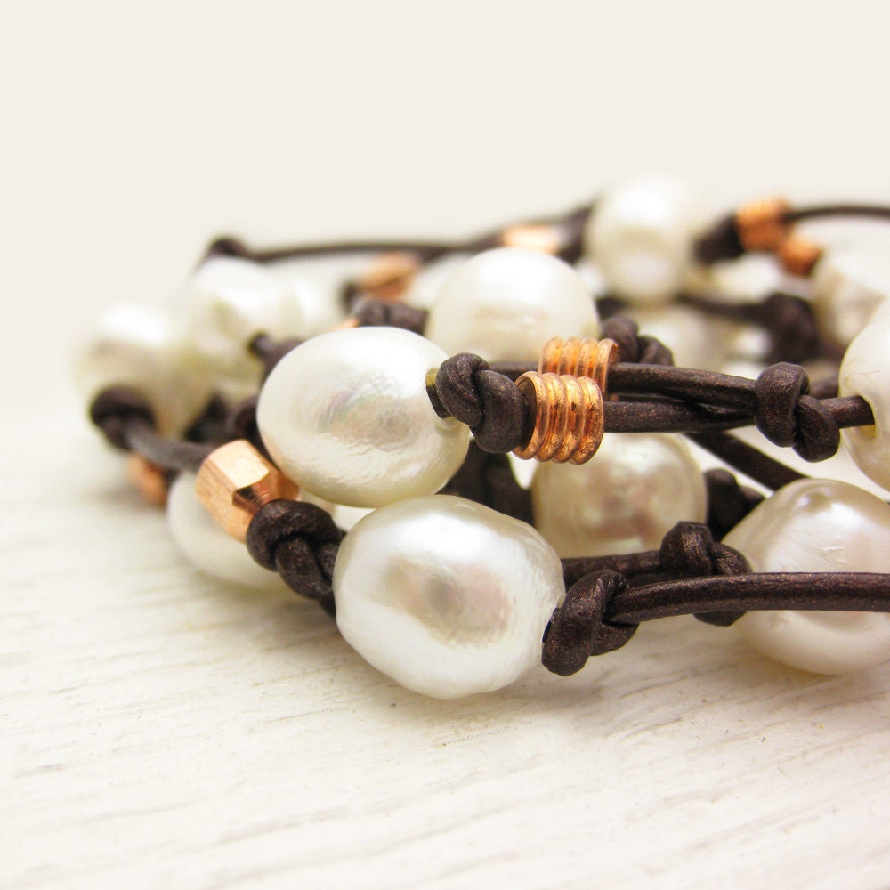 Pearl Copper Leather Wrap Bracelet Necklace / metallic maroon ivory cream white convertible eco friendly / ocean nautical sea fall inspired