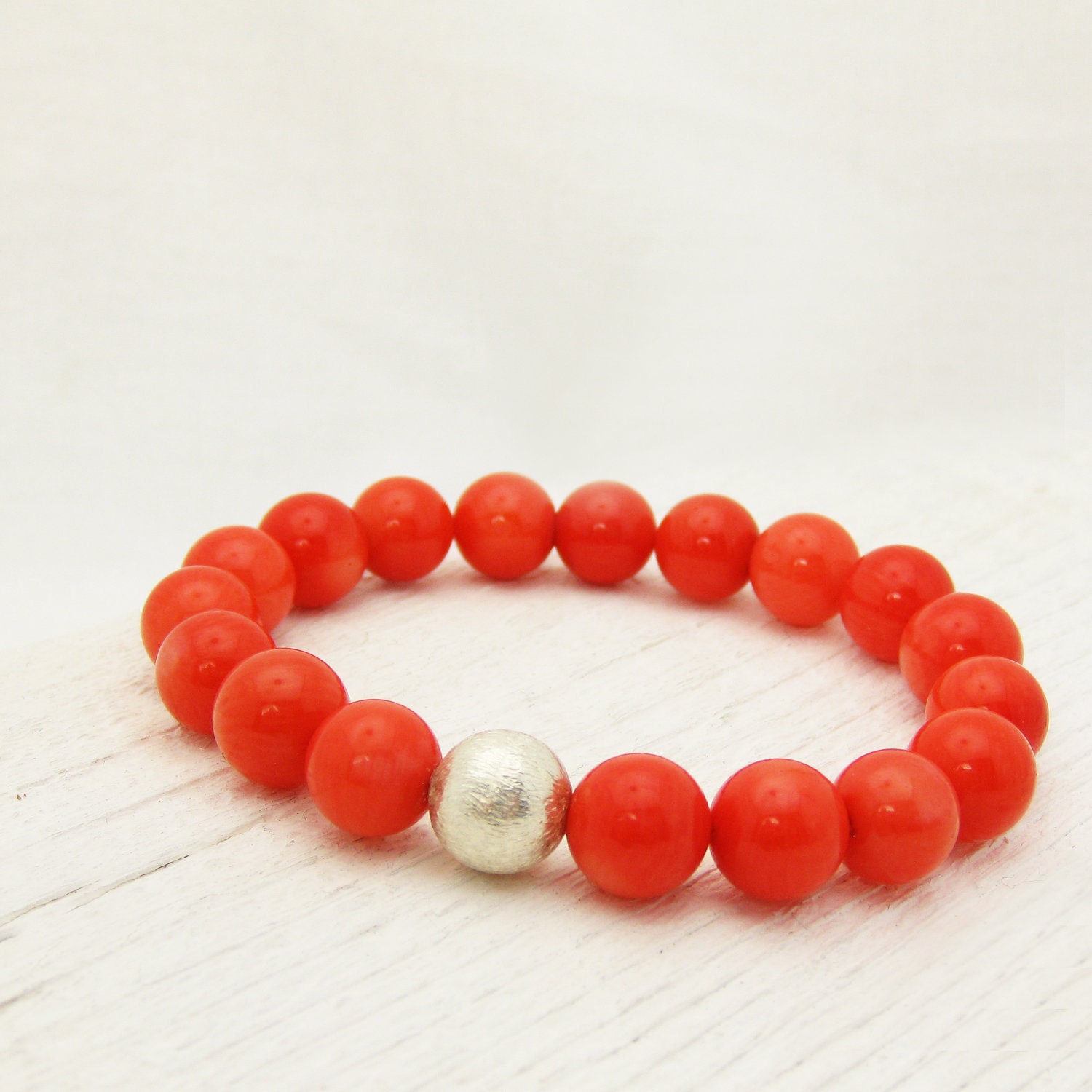 Tangerine Coral Bead Bracelet / Tangerine Tango Inspired w/ Solid Sterling Silver Ball: orange colorful bright juicy citrus fresh