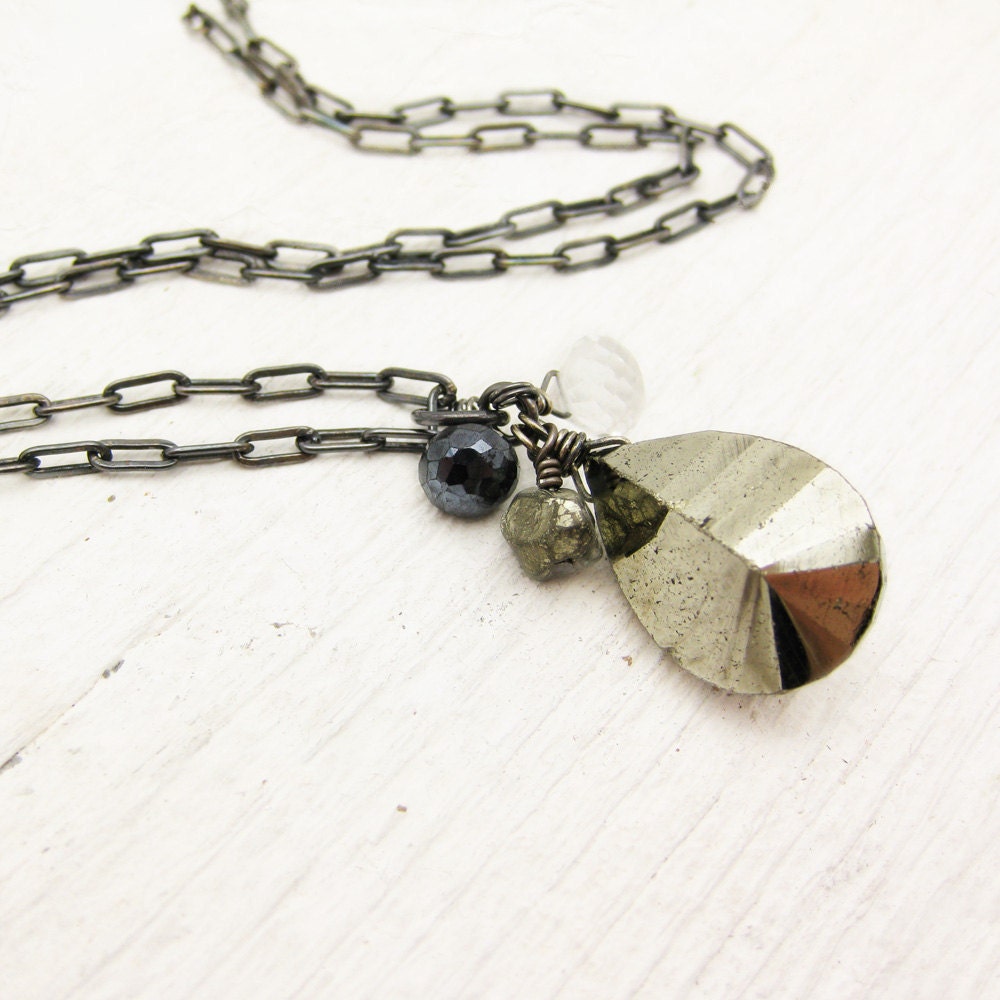 Pyrite Oxidized Necklace in Solid Sterling Silver w/ Black Labradorite and Rock Quartz Crystal : fools gold metallic fashion