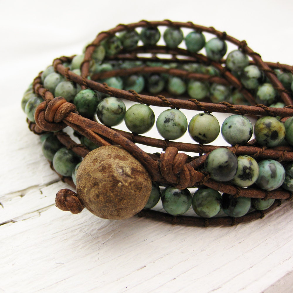 African Turquoise Leather 4x Wrap Bracelet / bohemian green mint natural woodland garden fresh fashion summer spring
