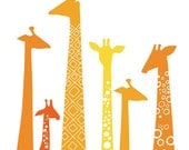 giraffes giclee print on fine art paper. 5X7. orange & yellow.
