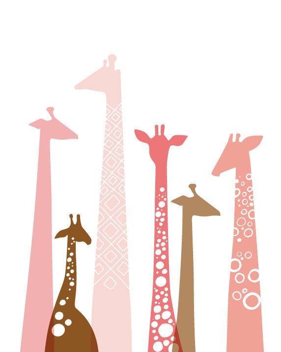 giraffes giclée print on fine art paper. 8X10. pink & brown.