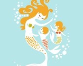 mermaid mother with boy and girl 8X10" giclee print. blue, yellow, olive, orange. mothers day gift.