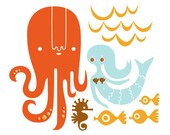 octopus garden giclee print. 12X12. blue & orange.