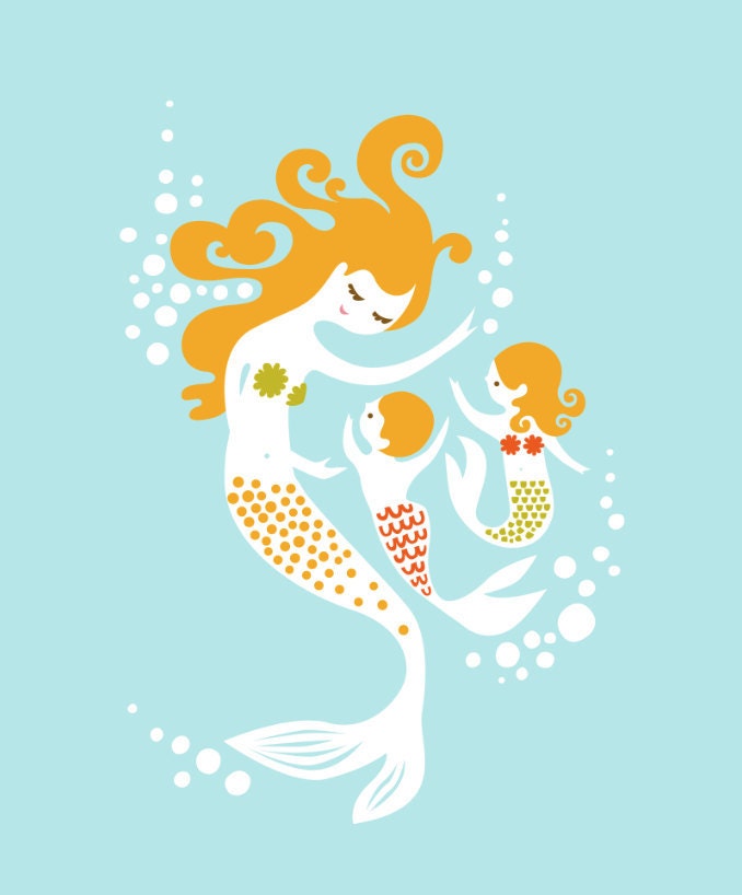 mermaid mother with boy and girl 8X10" giclee print. blue, yellow, olive, orange. mothers day gift.