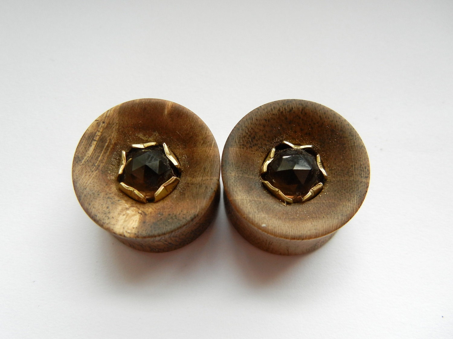19 mm 3/4 inch rose cut smoky quartz set in brass in pistachio wood plugs PRICE REDUCED