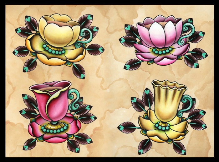 Flower Teacups Tattoo Art - Print