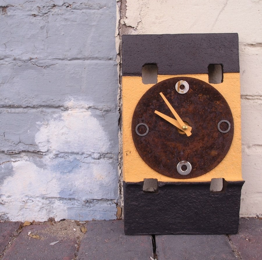 Contemporary Wall Clock - Contemporary Wall Clock - Found Object Metal Art - Industrial Home Decor,peach, rust, navy blue - quartz clock