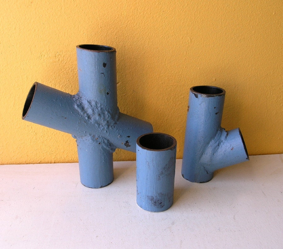 Blue metal vase, Industrial Decor, colorful utensil holder, spring decor