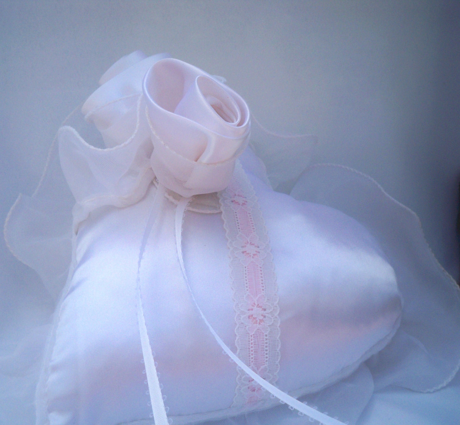 Ring Bearer Pillow, Heart Shape, White Satin, Pastel Pink, Wedding, Handmade Fabric Roses
