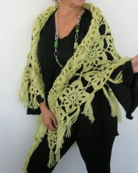 Shawl SALE WAS 78 NOW 58 /  Crocheted Lace / Green Lace -Mohair Acrylic Mix Soft Warm Gift Trendy Winter Fall Fashion