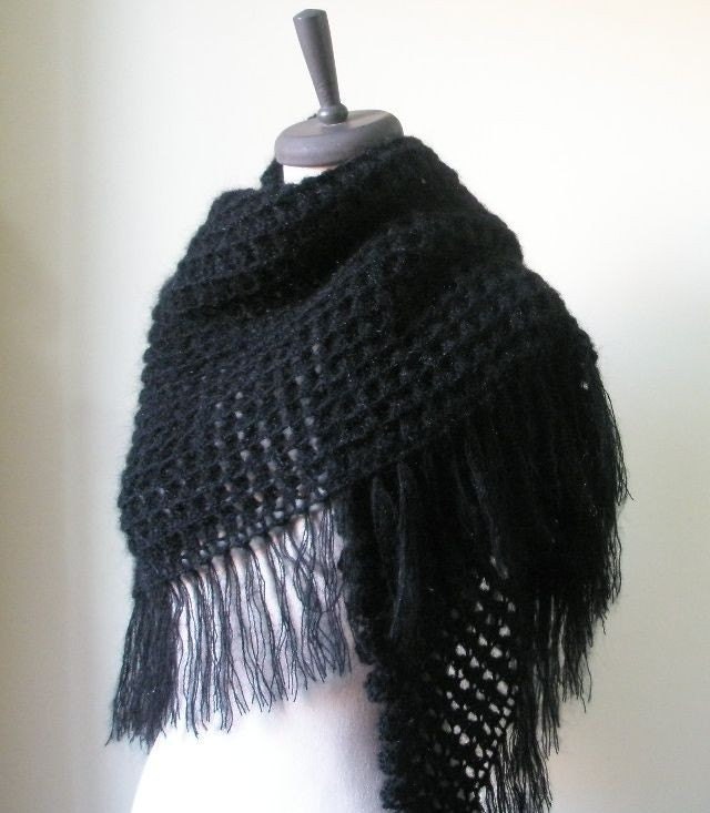 Black Crochet Shawl TRIANGLE Scarf Wrap Stole Handmade Gift winter fashion.