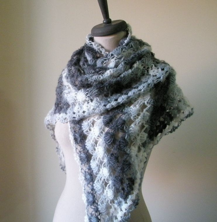 Ivory Grey Shawl, Crochet Triangle Stole, Scarf  Wrap Winter Fall Spring Fashion. READY TO SHIPPING