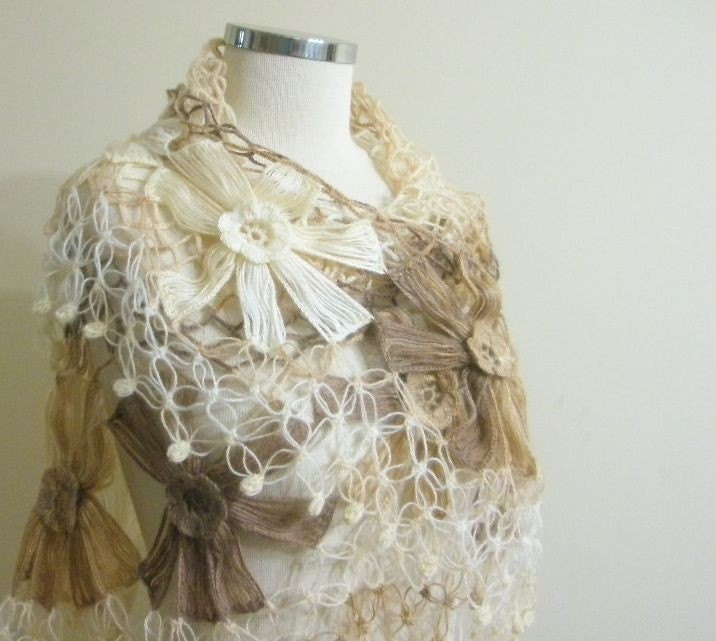 Shawl. Feminine Flower Shawl, Light Brown Caramel Ivory Colorful Triangle Stole New Spring Fashion READY TO SHIPPING