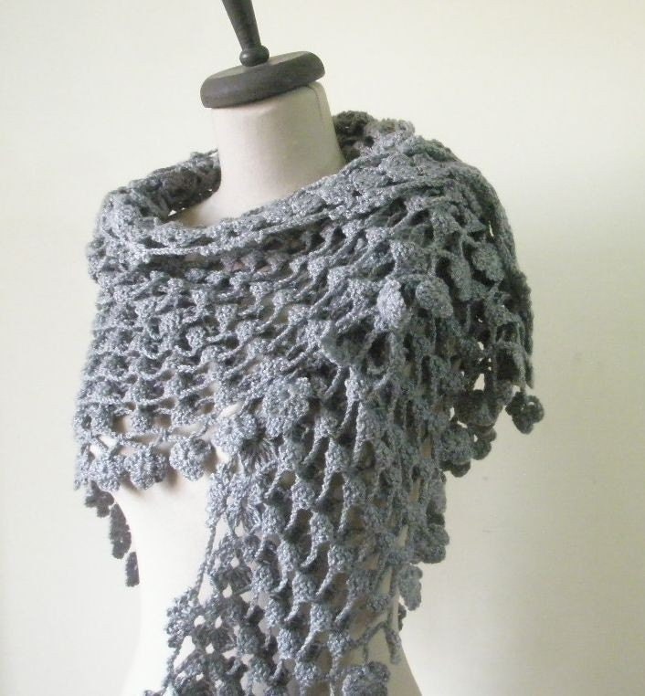 RESERVED For Ev  Elegant Grey Handcrocheted Wool Acrylic Yarn Shawl Triangle Wrap Turkishteam