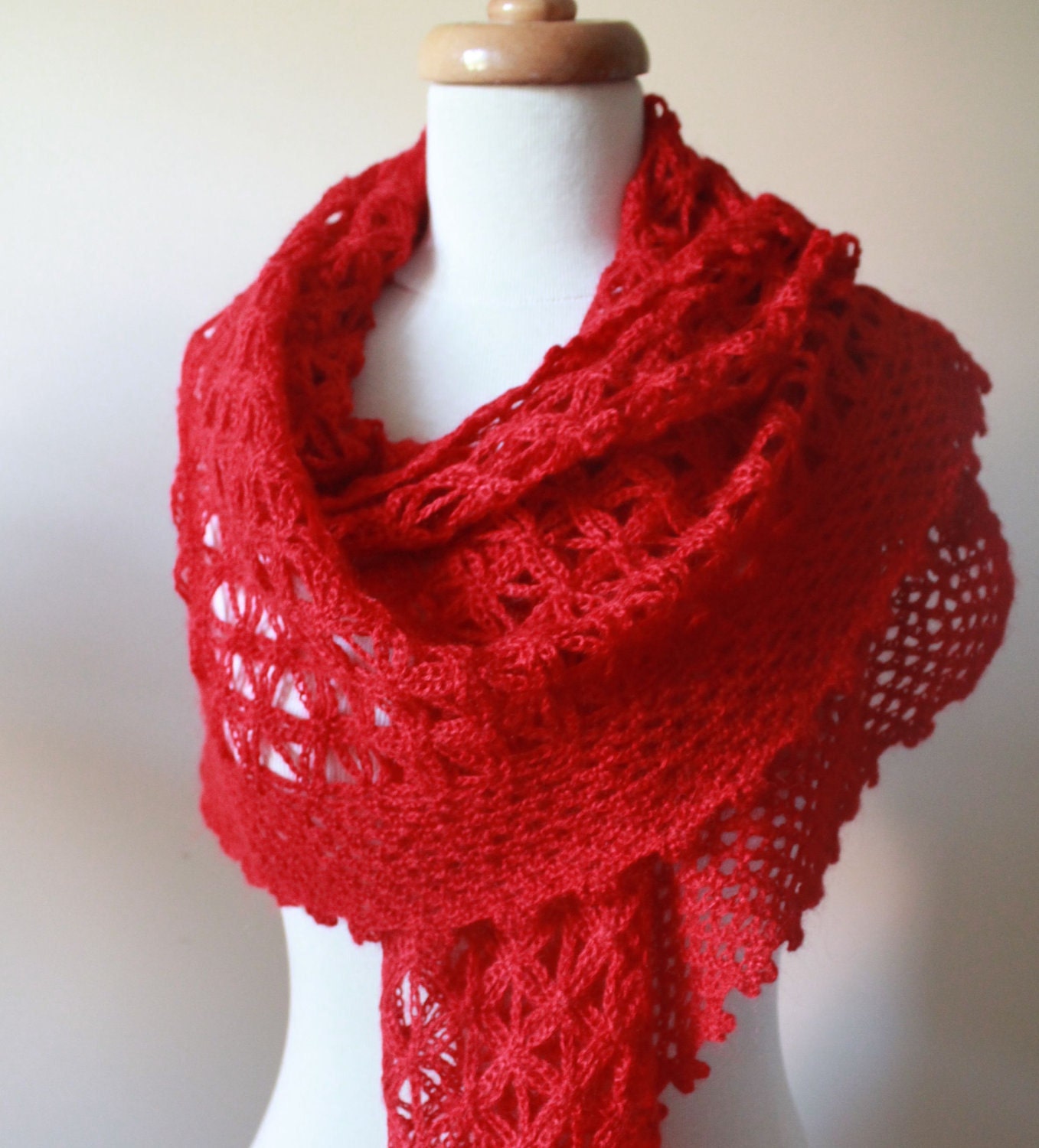 Red Star Shawl Triangle Crochet Scarf Mohair Acrylic Stole Wrap Lace Shawl