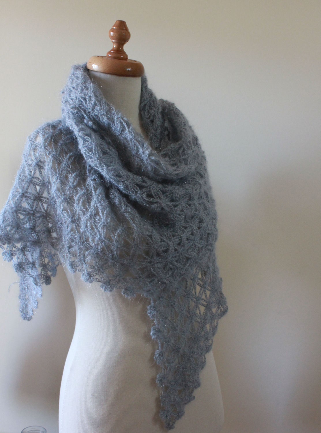 Shawl Crocheted Lacey Grey Wrap Handmade Shawl Crochet Triangle Scarf Chic Gift winter fashion Spring Trend Fall Holiday Accessoires
