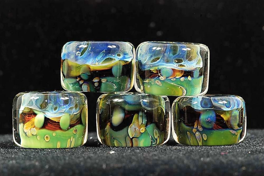 Organic boro lampwork bead set, 5 wide donuts, blue, deep green, sand SRA
