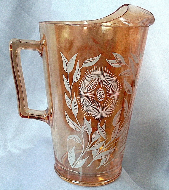 Vintage Amber Flower Glass Pitcher Floral Carnival Water By Ddb7 0428