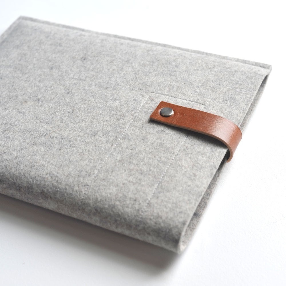 Ipad Sleeve - Grey Wool Felt and Brown Leather