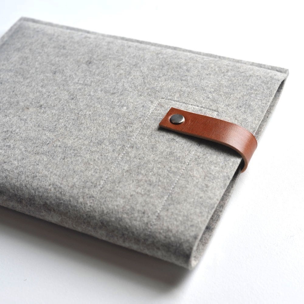 iPad Sleeve - Grey Wool Felt with Brown Leather